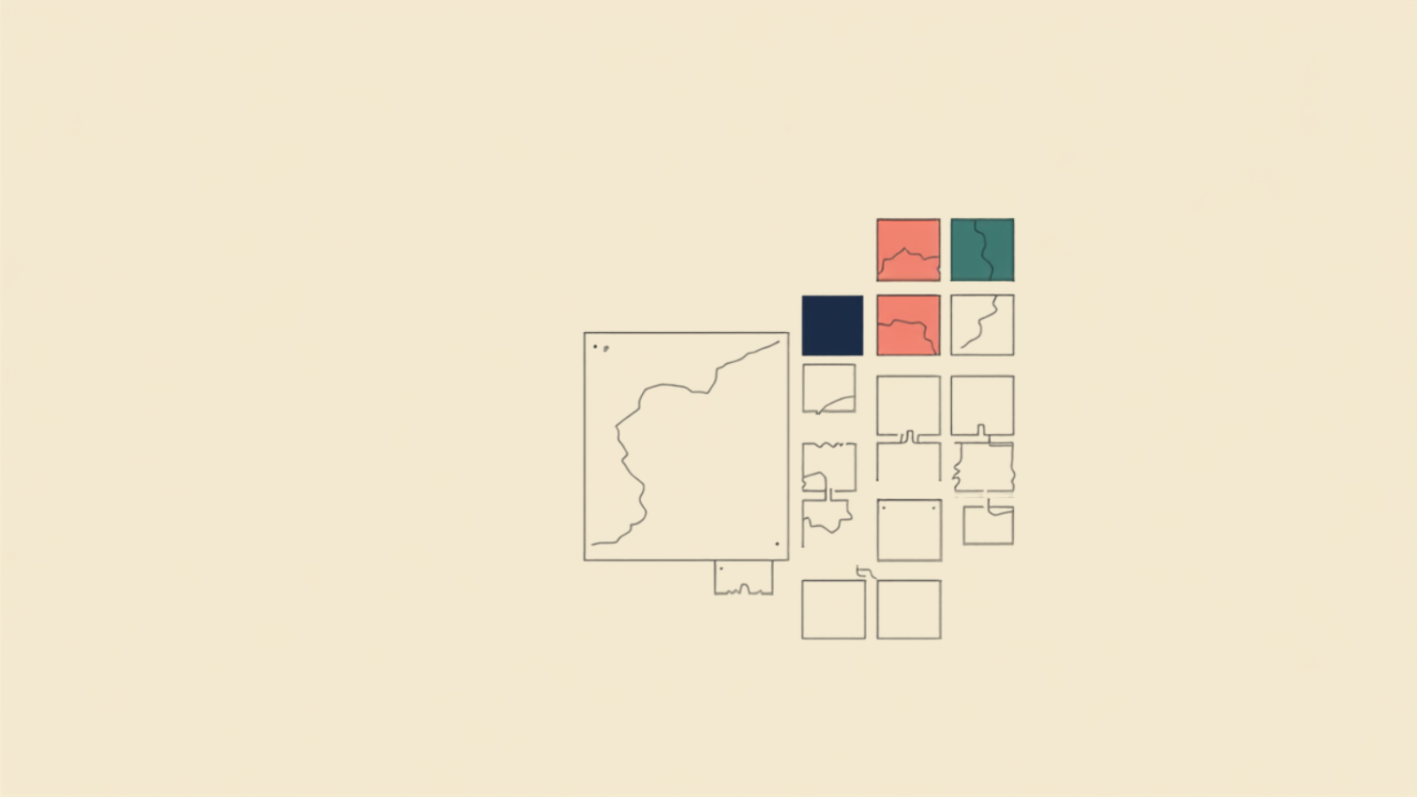A block of content extracted and reassembled into neat question-and-answer modules and schema brackets snapping into a clean grid