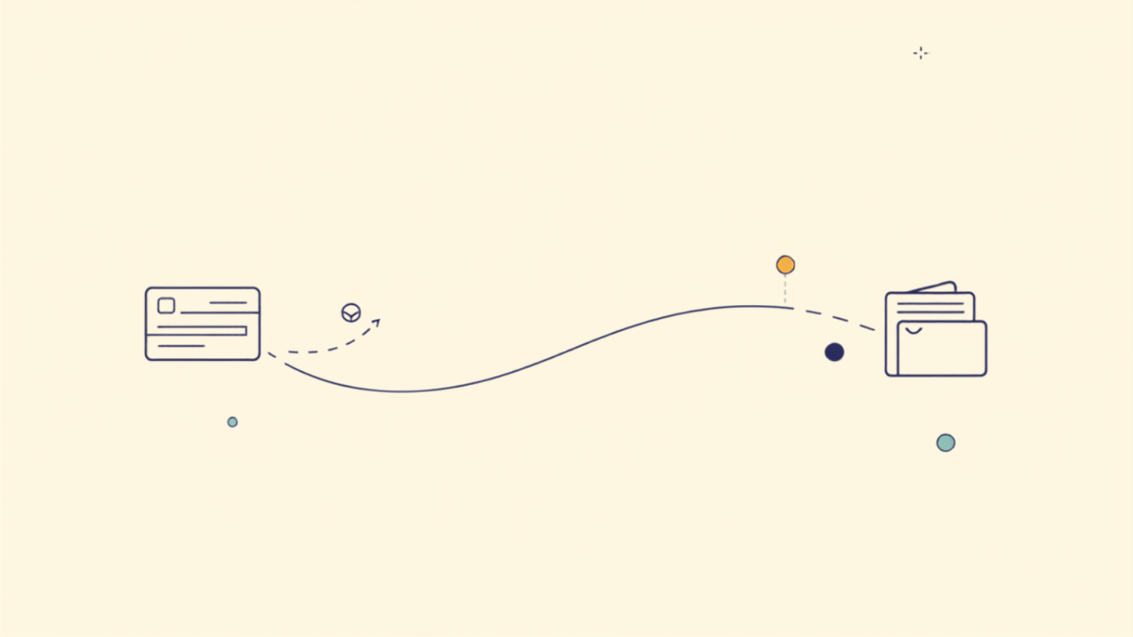 A payment card connected by a flowing line to a bank node and a digital wallet, representing a local payment gateway routing funds